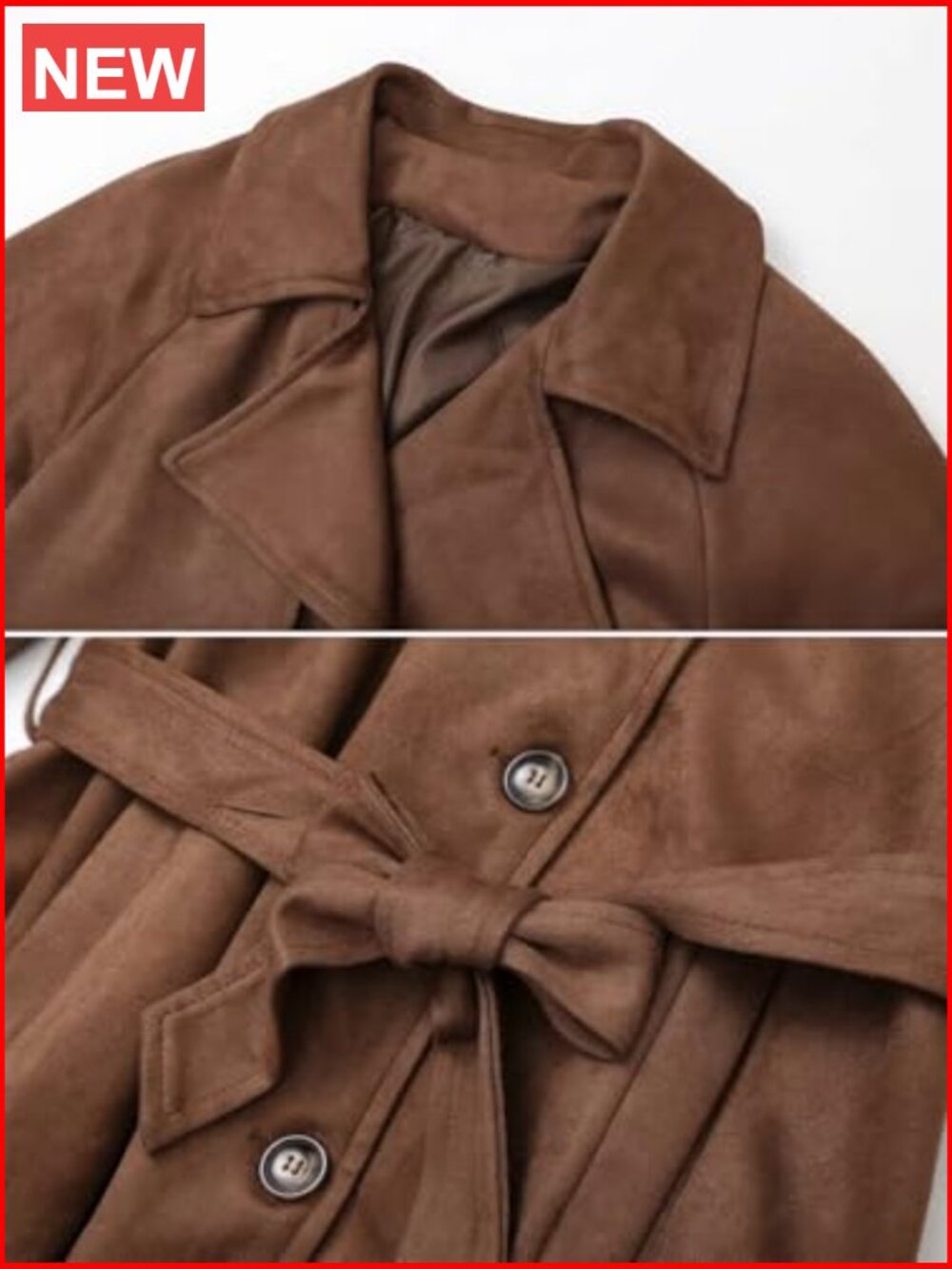 Faux Suede Open Front Long Trench Coat Notched Lapel Double Breasted Maxi - Picture 4 of 5